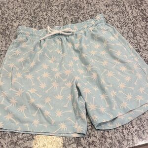 Light Blue Palm-Print Men's Swim Trunks with Drawstring